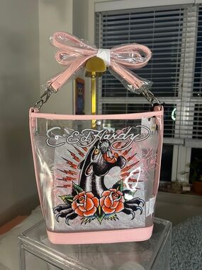 Ed Hardy Pink Clear Vinyl Swim Beach Bag with Rose/Panther Graphic 10.5”x 4” NWT